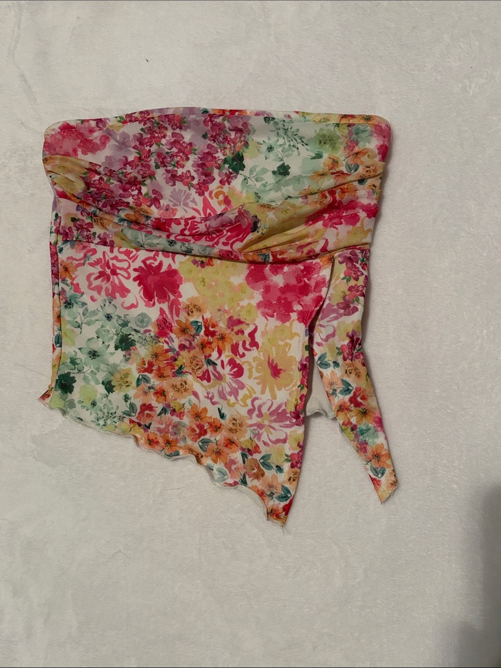 SHEIN Floral Strapless Asymmetrical Crop Top in Pink, Yellow, Green